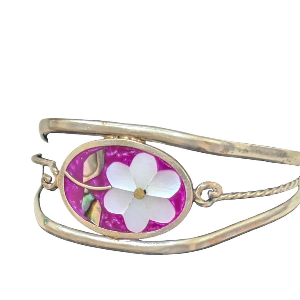 Vintage Silver Tone Mother of‎ Pearl Purple Flower Inlay Cuff Bracelet